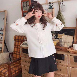 Long-sleeve Embroidered Blouse / Mini Pleated Skirt