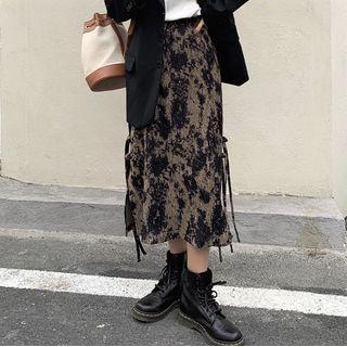 Tie Dye Lace Up Midi A-line Skirt Black Print - Khaki - One Size