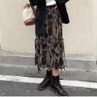 Tie Dye Lace Up Midi A-line Skirt Black Print - Khaki - One Size
