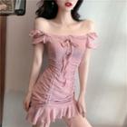 Ruffle Trim Off-shoulder Drawstring Mini Bodycon Dress Mauve Pink - One Size