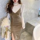 Plain Mock-neck Long-sleeve Slim-fit Top / Velvet Sleeveless Dress