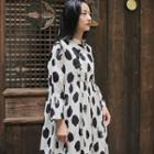 Long-sleeve Dotted Maxi Dress Black Dot - White - One Size