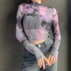 Long-sleeve Mock-neck Tie-dye Mesh Crop Top