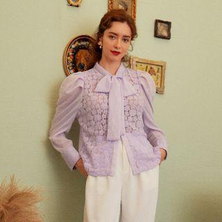 Long-sleeve Tie-neck Lace Panel Blouse