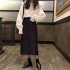 Plain Blouse / Dot Print Midi Skirt