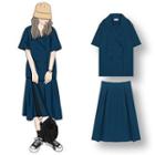 Double-breasted Short-sleeve Blouse / Midi A-line Skirt