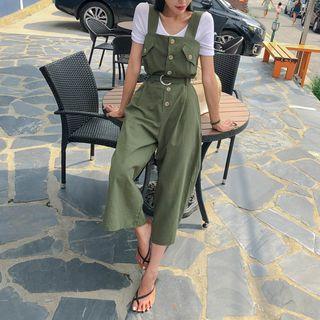 Buttoned Belted Linen Blend Jumper Pants