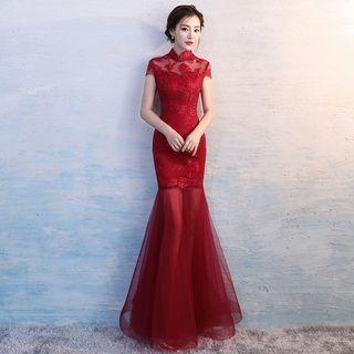 Cap-sleeve Mesh Hem Sheath Evening Gown
