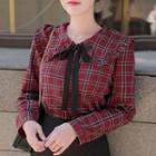 Tie-neck Ruffled Wide-collar Plaid Top Wine Red - One Size