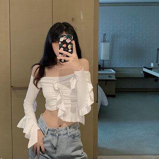 Off-shoulder Ruffle Long-sleeve Top White - One Size