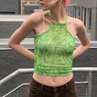 Printed Mesh Sleeveless Cropped Halter Top