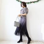 Band-waist Gradient Tulle Skirt Gray - One Size