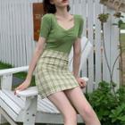 Set: Plain Short-sleeve Knit Top + Plaid Mini A-line Skirt