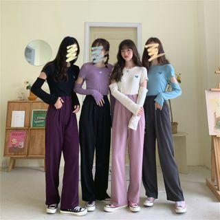 Long-sleeve Butterfly Embroidered Cutout T-shirt / Wide Leg Pants
