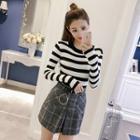 Set: Striped Knit Pullover + Plaid A-line Mini Skirt
