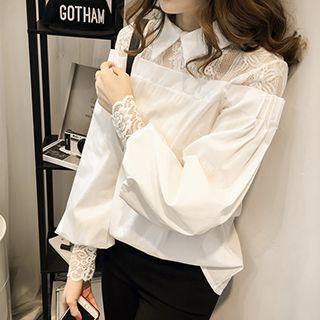 Lace Panel Lantern Sleeve Blouse