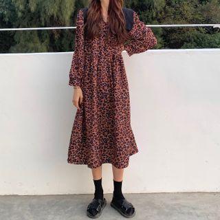 Long-sleeve Leopard Print Midi A-line Dress Leopard - One Size