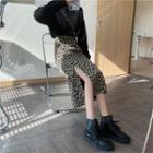 Leopard Print Split-end Midi Skirt