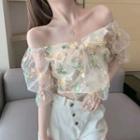 Elbow-sleeve Floral Lace Off-shoulder Blouse