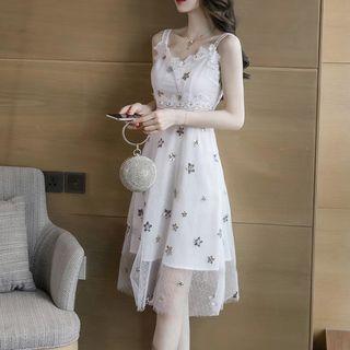 Sleeveless Lace Trim Floral Mesh Overlay Dress