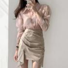 Long Sleeve Plain Shirt / Striped Asymmetrical Draped Mini Skirt / Set