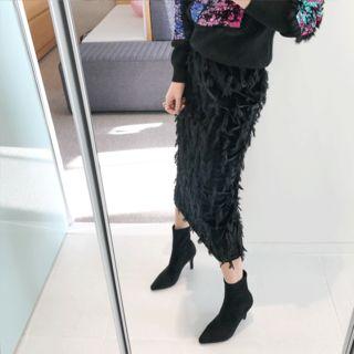 Band-waist Fringed-detail Long Skirt