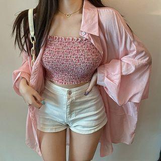Plain Shirt / Spaghetti Strap Print Crop Top
