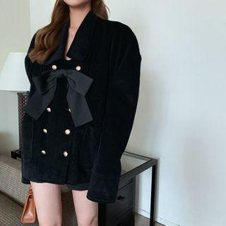 Ribbon V-neck Corduroy Coat Black - One Size