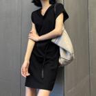 Plain V-neck Shirred Mini A-line Dress