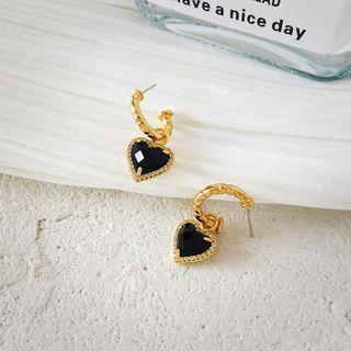 Rhinestone Heart Drop Earring 1 Pair - S925 Silver Stud Earrings - Black & Gold - One Size