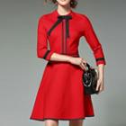 3/4-sleeve Bow Accent Mini A-line Dress
