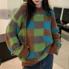 Checker Print Sweater Green & Brown - One Size