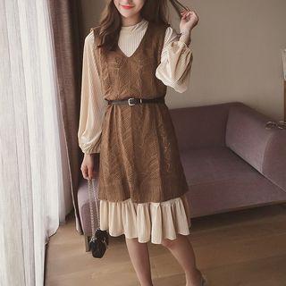 Set: Mock Neck Long Sleeve Dress + Open Knit Long Vest