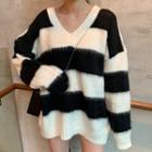 V-neck Striped Furry Sweater Stripes - Black & White - One Size