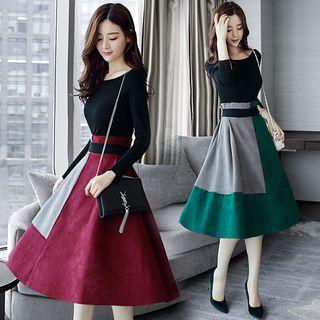 Set: Plain Long-sleeve Top + Paneled Midi A-line Skirt