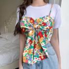 Set: Plain T-shirt + Sleeveless Bow-accent Floral Top