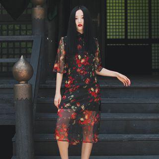 Japanese-style Printed Chiffon Qipao(waist Belt Not Included) Black - One Size