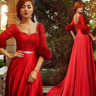 Lace-panel Rhinestone Evening Gown