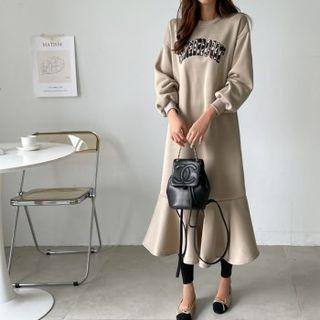 Ruffle-hem Letter-patched Long Sweatshirt Dress