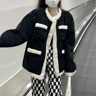 Contrast Trim Fluffy Button Jacket / Checkerboard Straight Leg Pants