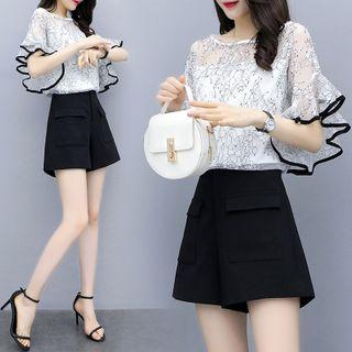 Set: Contrast Trim Short-sleeve Lace Top + Wide-leg Shorts