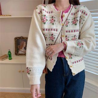 Plain Long-sleeve T-shirt / Flower Print Cardigan