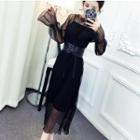 Set: Long-sleeve Midi Mesh Dress + Slipdress + Lace-up Belt