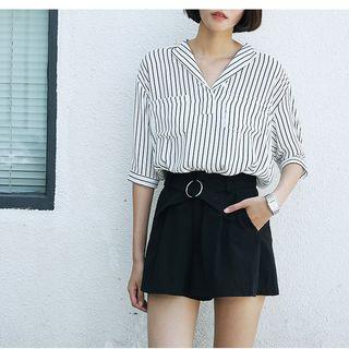 Striped V-neck Elbow Sleeve Shirt