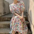 Elbow-sleeve Floral Print Midi A-line Dress Pink Floral - White - One Size
