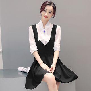 Set: Bow Long-sleeve Blouse + Pinafore