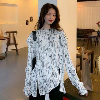 Long-sleeve Print Slit-hem T-shirt White - One Size