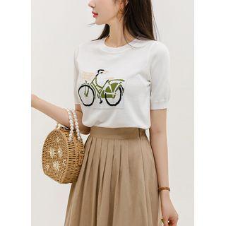 Bike-illustration Round-neck Knit Top Ivory - One Size