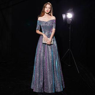 Off-shoulder Short Sleeve Glittered Evening Gown