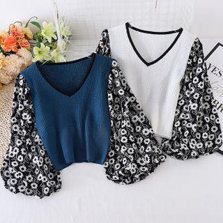 V-neck Floral Puff-sleeve Panel Knit Top